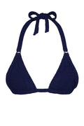 Navy textured triangle bikini top with halter tie and narrow underbust band