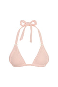 Front view of Morocco Top in Powder Pink Rib showing ribbed triangle cups, halter tie bow and gold ring hardware