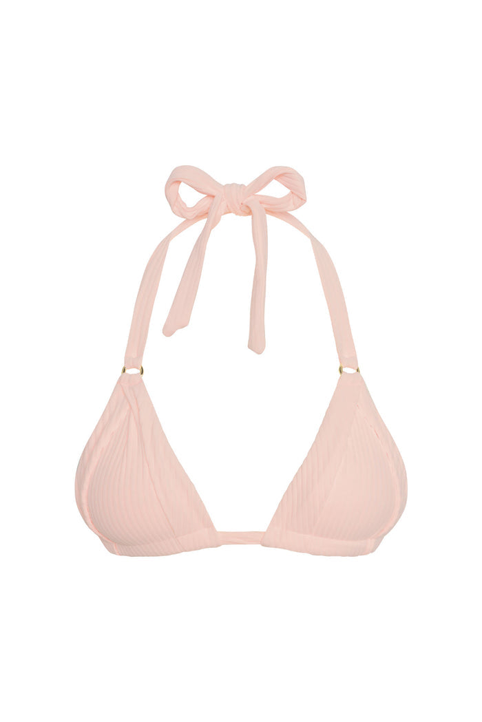 Front view of Morocco Top in Powder Pink Rib showing ribbed triangle cups, halter tie bow and gold ring hardware