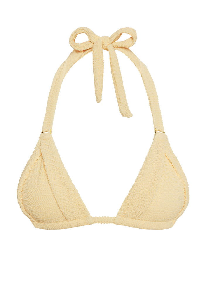 Front close-up of Morocco Top in Raffia Crinkle showing pleated cups, gold ring hardware and tied halter neck on white background