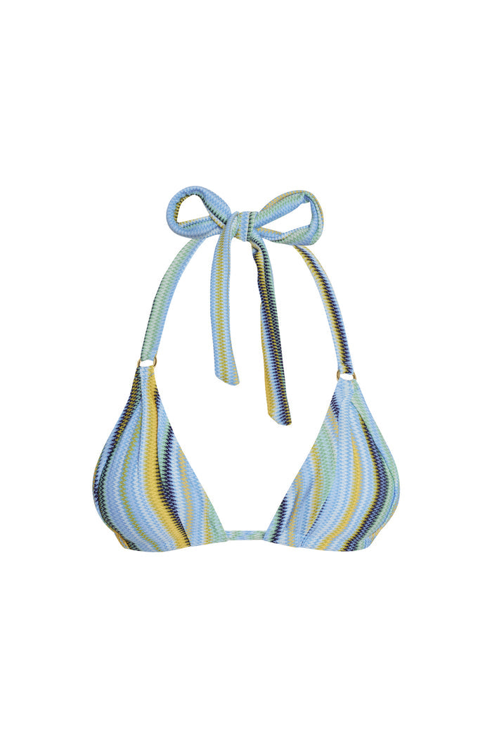Front view of Morocco Top in Sardinia Stripe Azure showcasing pleated cups, gold ring hardware and adjustable halter ties on white background
