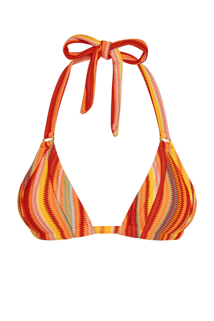 Front view of Morocco Top bikini top showcasing Sardinia Stripe multicolor zigzag stripes and halter tie on white background
