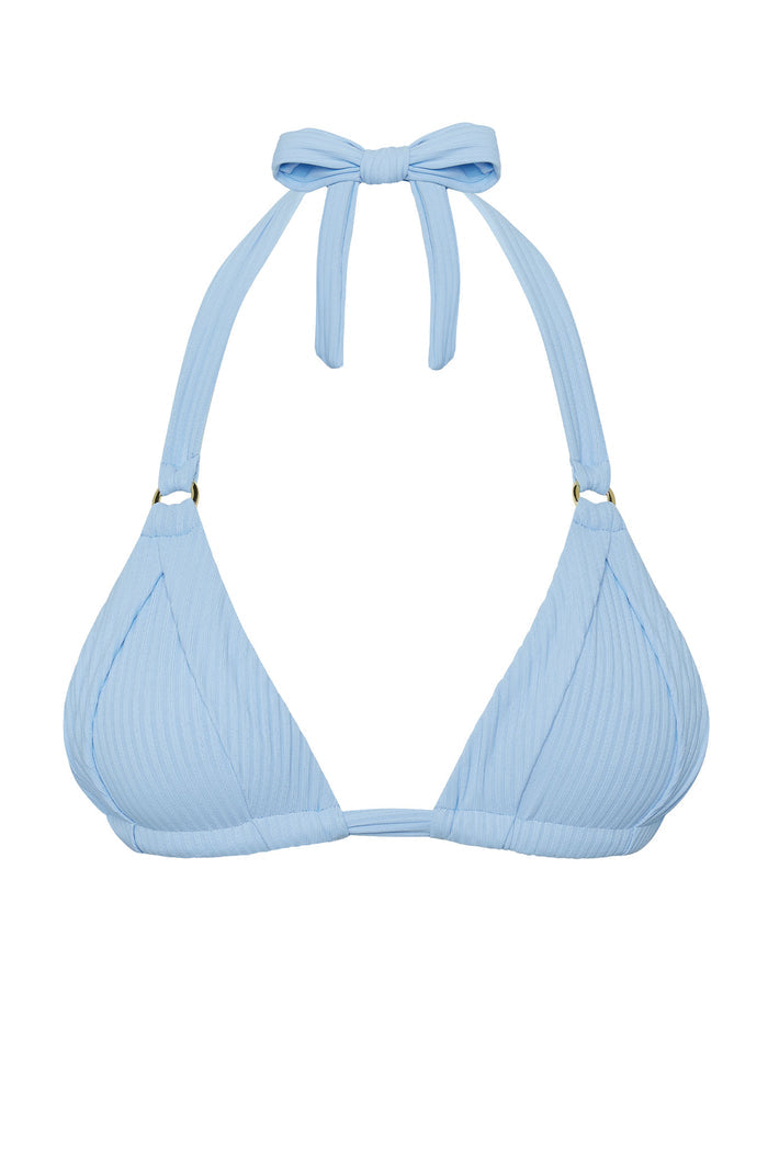Front view of Morocco Top bikini top in Sky Rib showcasing pleated cups, gold ring hardware, and adjustable neck and back ties on white background
