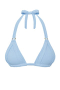 Front view of Morocco Top bikini top in Sky Rib showcasing pleated cups, gold ring hardware, and adjustable neck and back ties on white background