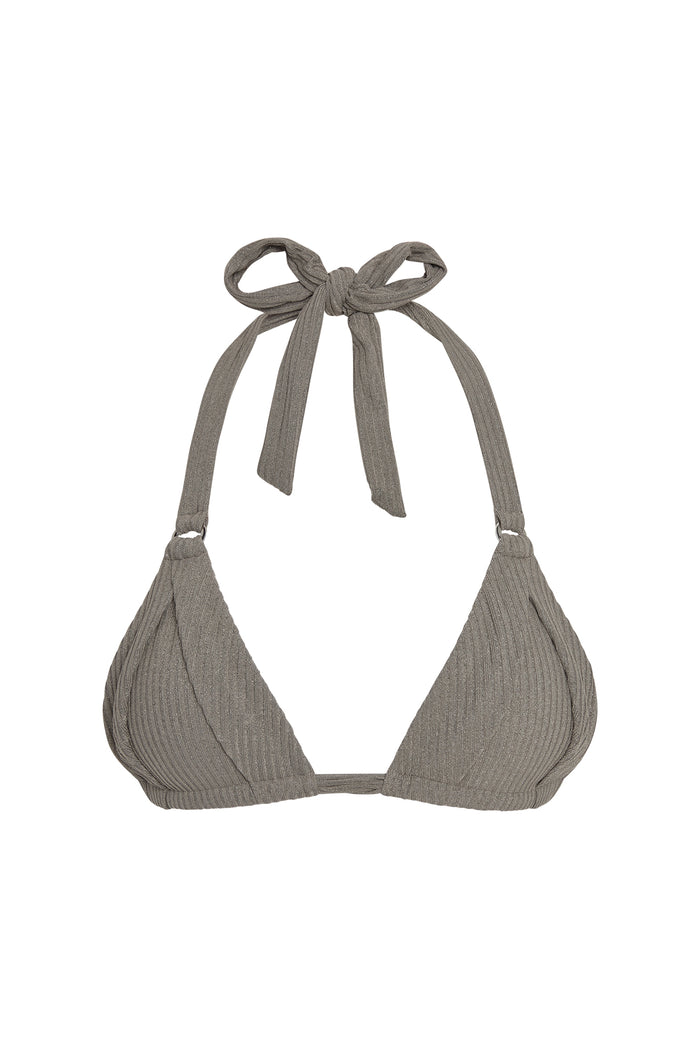 Front view of Morocco Top in steel lurex rib with halter tie, ribbed texture, triangle cups and metal strap rings