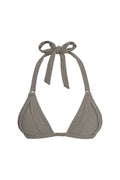 Front view of Morocco Top in steel lurex rib with halter tie, ribbed texture, triangle cups and metal strap rings