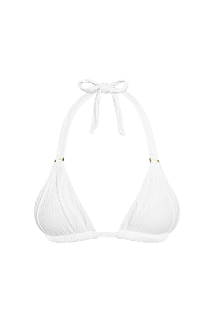 Front view of Morocco Top in optic white rib showing pleated cups, halter tie and gold rings on white background
