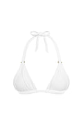 Front view of Morocco Top in optic white rib showing pleated cups, halter tie and gold rings on white background