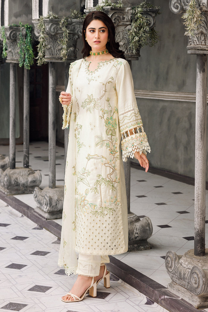 Front full view of Motiya off white embroidered long shirt and straight pants set
