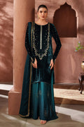 NAQSHI dark teal formal ready-to-wear 3-piece outfit with embroidered long shirt, matching trousers, and elegant dupatta for special occasions