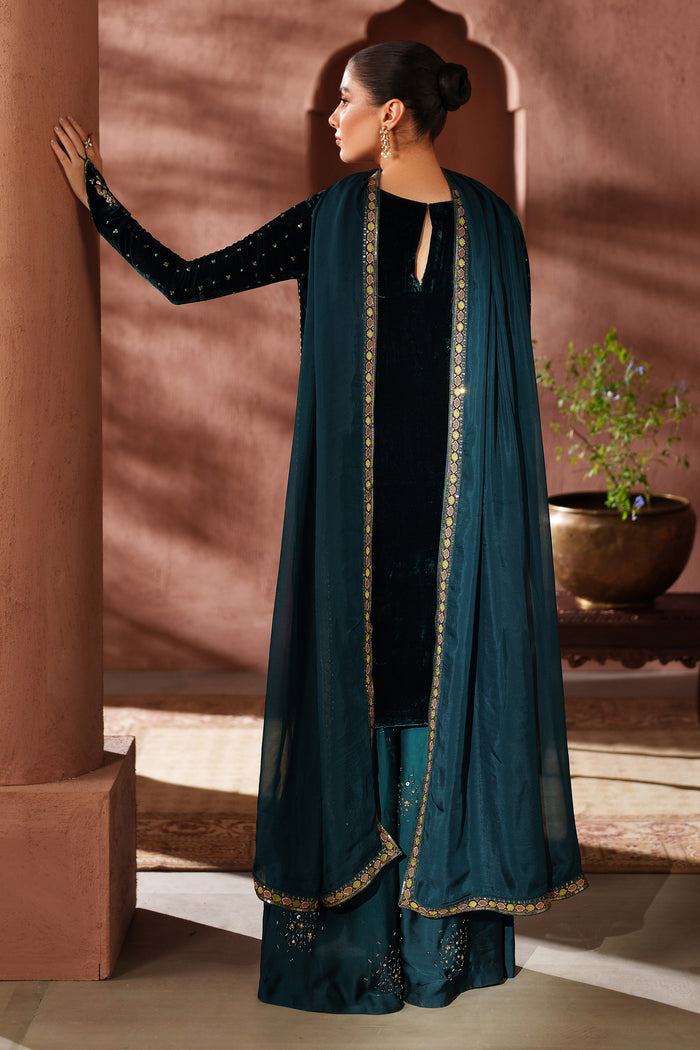 Back side view of NAQSHI teal green occasion wear dress highlighting flowing dupatta and clean stitching