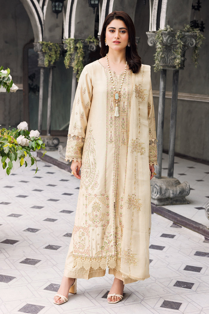 Full front view of skin gold embroidered long shirt suit showing complete outfit