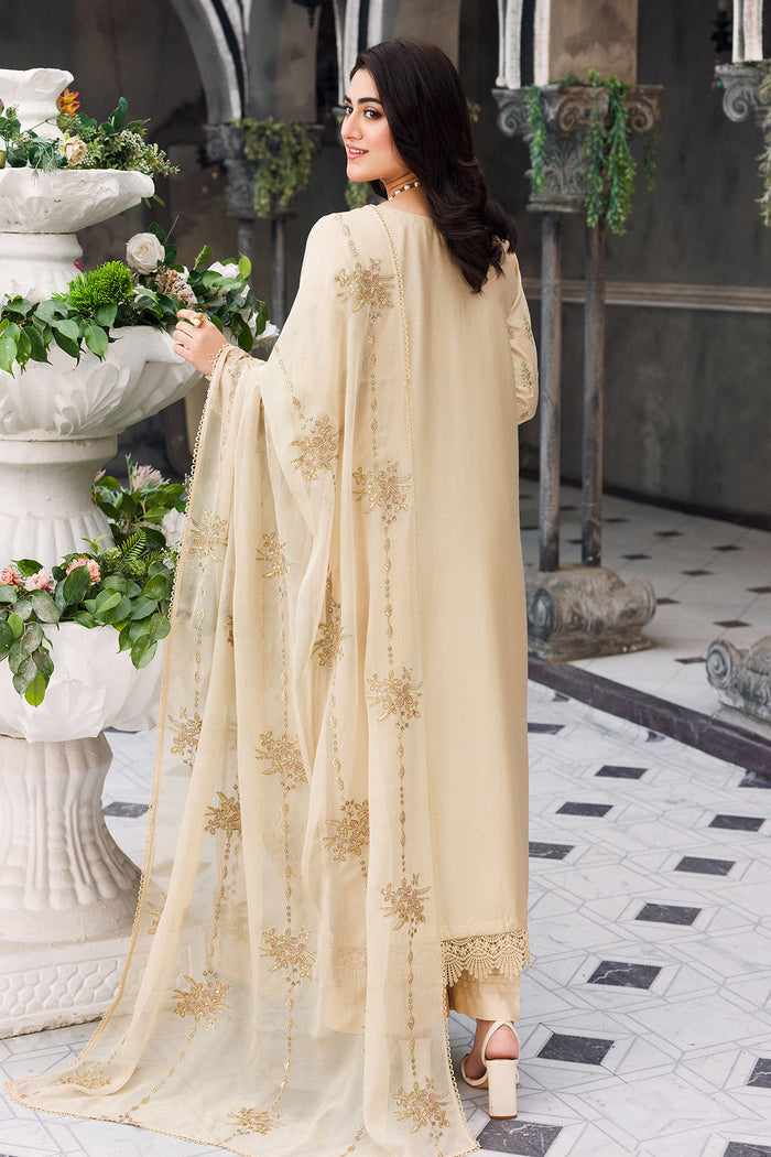 Walking view showing fall and length of long straight shirt with dupatta drape