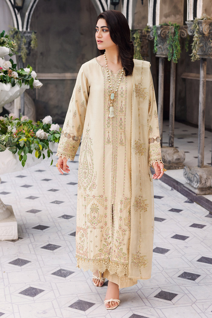 Front angle view highlighting embroidery and open slit detailing of long shirt