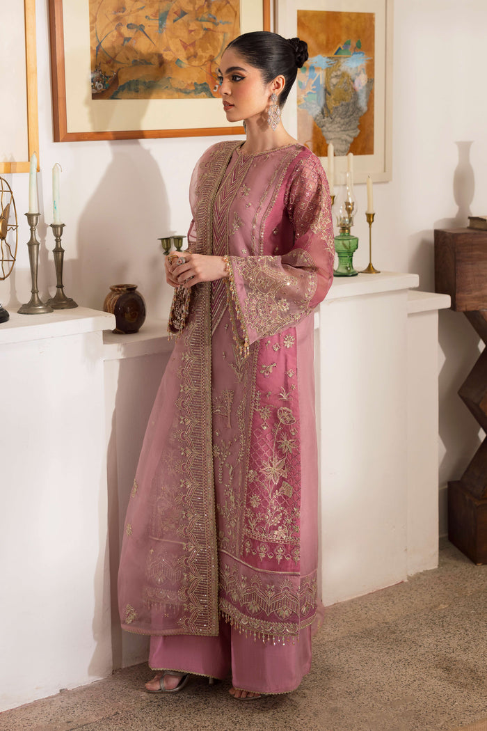NAQSHI Nayab organza dupatta draped, showcasing embroidered two-sided border, mid-motif spray and lace-edged finish across length.