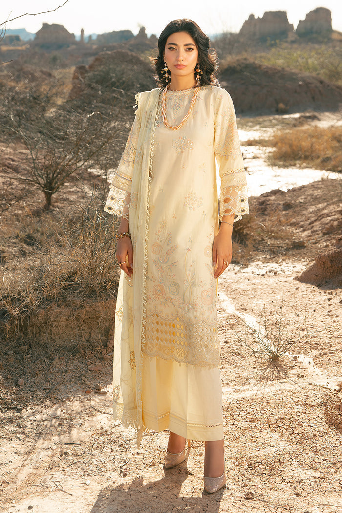 NAQSHI Nazakat light yellow 3PC ready to wear embroidered lawn suit with long shirt, cambric trousers and crinkle dupatta for family gatherings