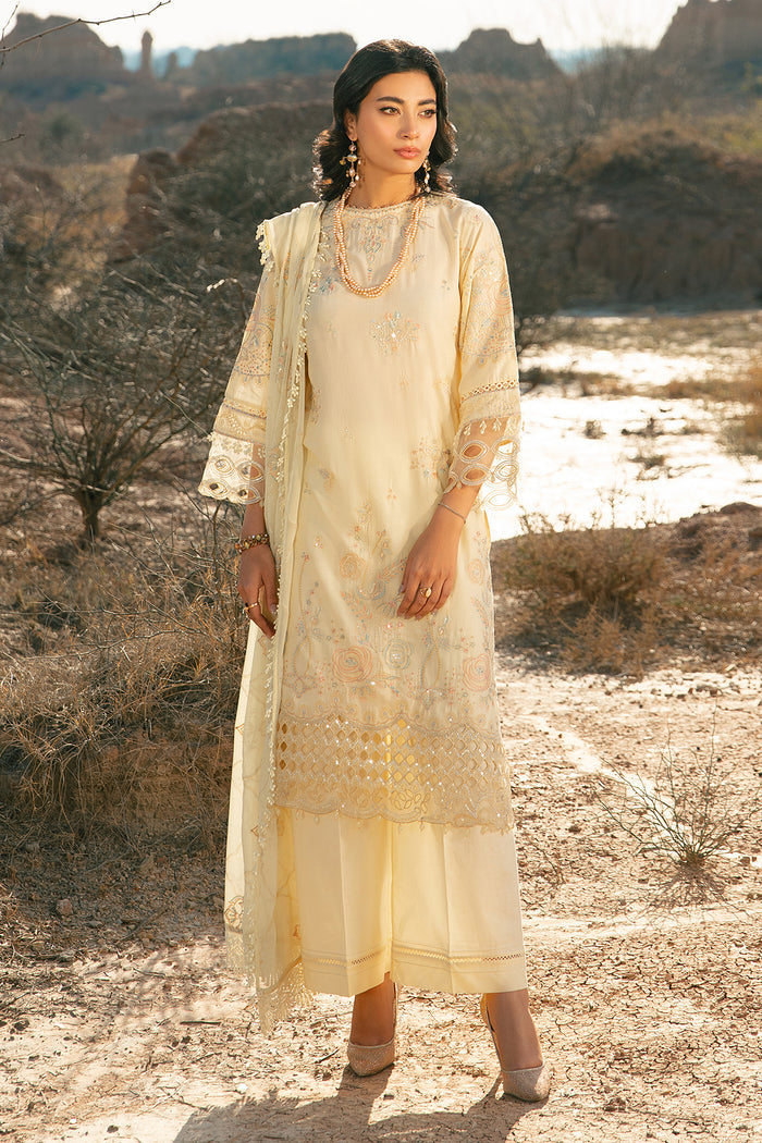 Full front view of Nazakat light yellow embroidered long lawn shirt with straight trousers women ready to wear occasion outfit