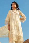Front standing view showing light yellow long shirt with floral embroidery sequins and tilla work semi formal dress