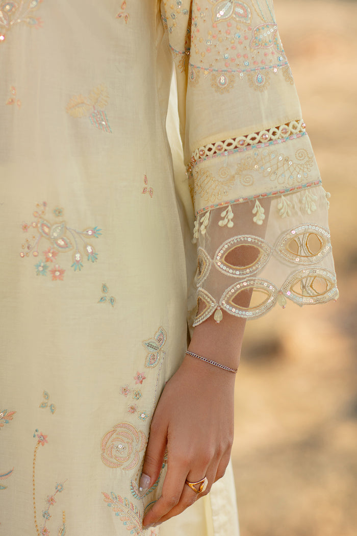Detailed close up of sleeve embroidery organza boring and hanging lace on Nazakat light yellow ready to wear outfit