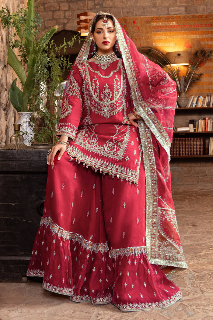 Detailed image of naqshi nehal single gypsy sharara featuring sequin and embroidery spread with heavy lace and goti-edged border.