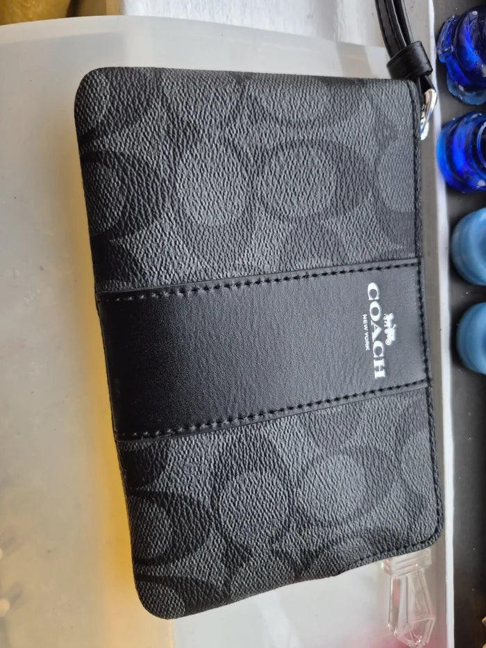 Coach New York Black Leather Wristlet – Small Zip Top Purse Handbag