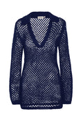 Front view of Newport Dress in midnight crochet with deep V-neck, open-knit fabric, collar and long sleeves on white