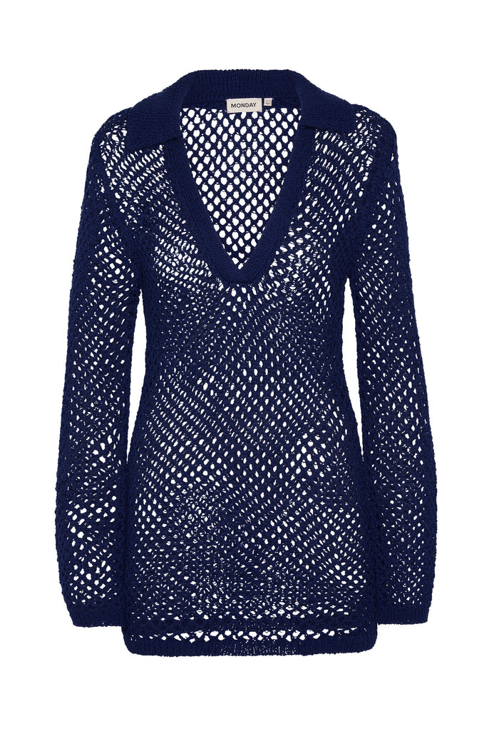 Front view of Newport Dress in midnight crochet with deep V-neck, open-knit fabric, collar and long sleeves on white