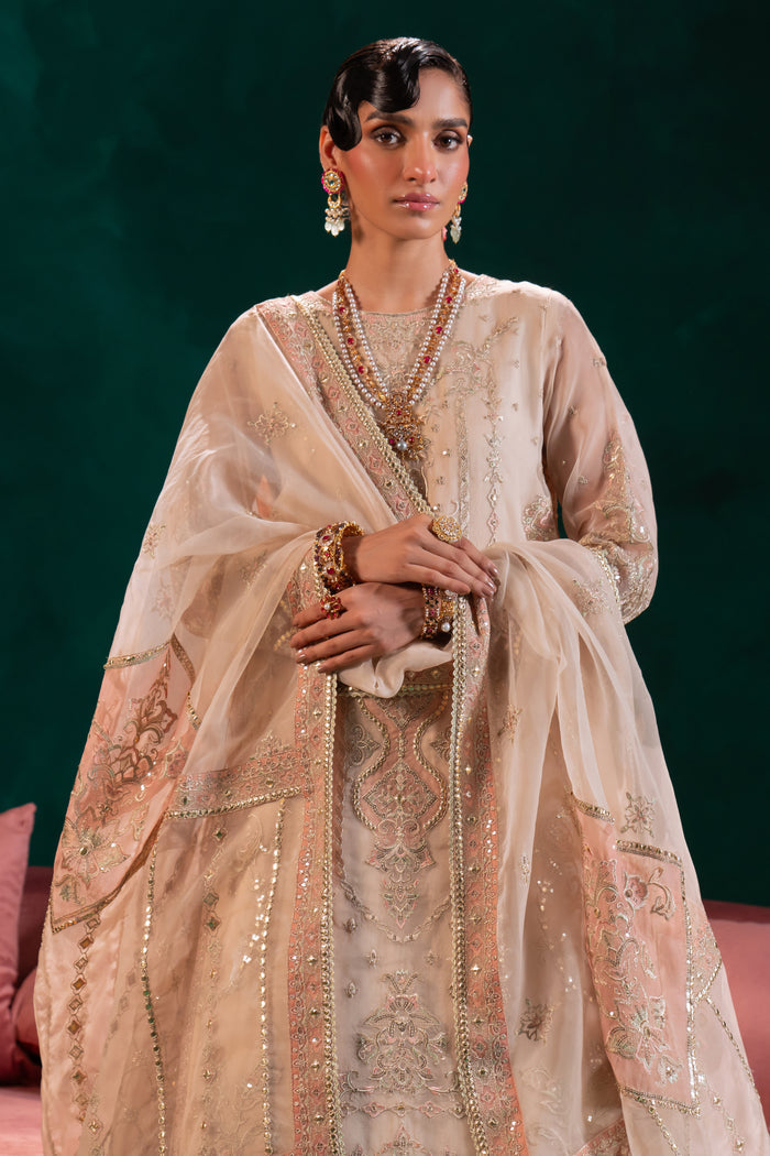 Detailed shot of Naqshi Nigaar revealing crystal‑dangle tassels hanging from scalloped sleeve edges and side seams of organza shirt.