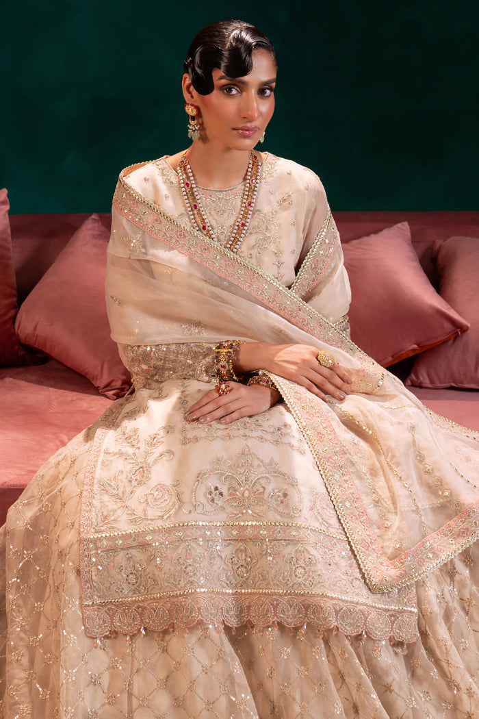 Naqshi Nigaar organza dupatta draped to display heavy sequin and sheet-work motif spread and two-sided ornate border with lace trim.