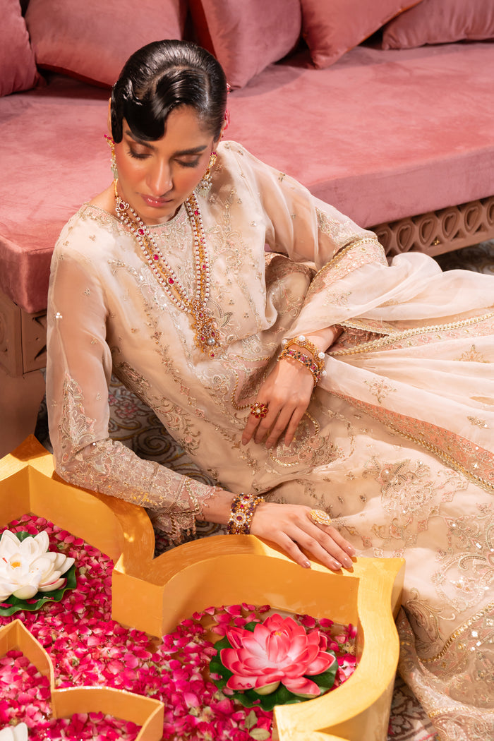 Close-up of Naqshi Nigaar dupatta edge highlighting sequin-thread border, sheet work accents and delicate lace finish on organza fabric.