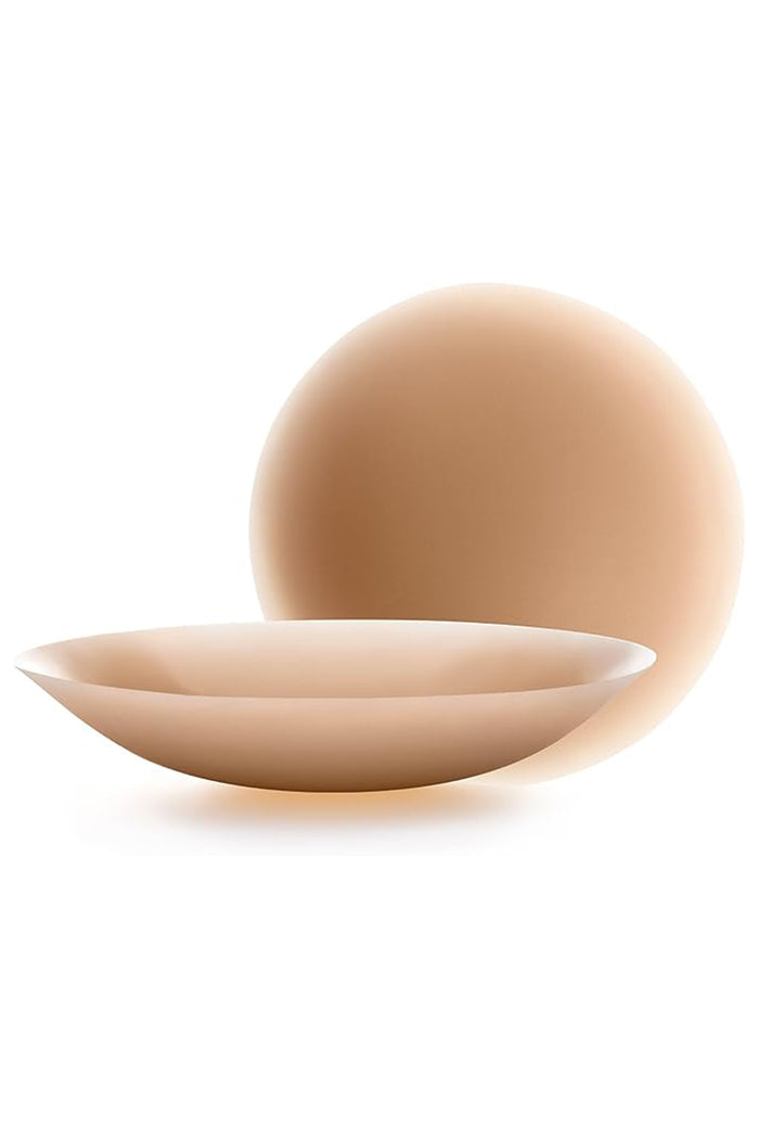 Pair of round flesh-tone adhesive silicone nipple covers, one front and one back view, color Coco.