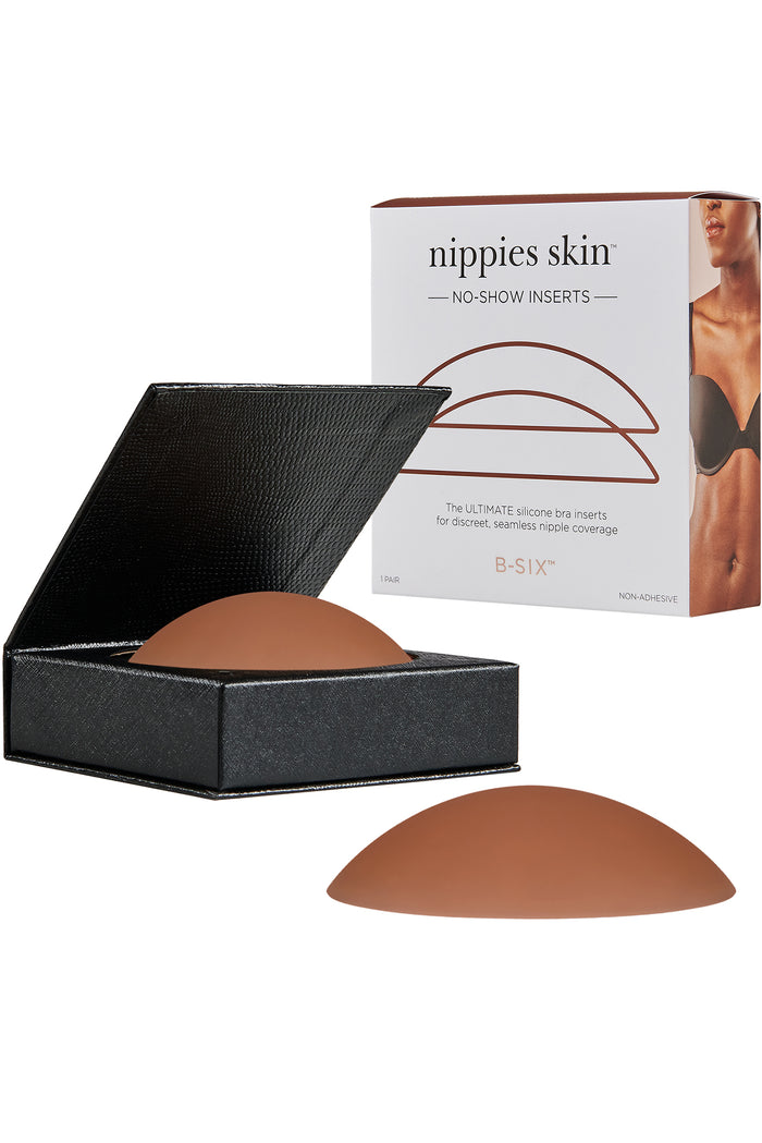 Nippies silicone nipple covers, Hazelnut, with black storage case and box labeled nippies skin - NO-SHOW INSERTS on white
