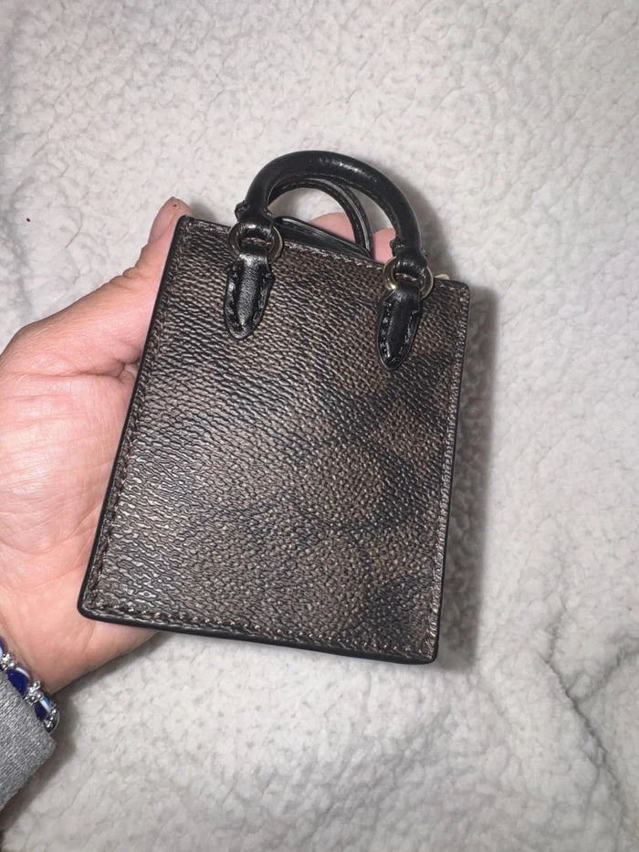 Coach North Mini Tote Bag Charm – Brown Logo Canvas & Leather Keychain Accessory, Authentic New