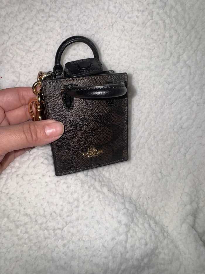 Coach North Mini Tote Bag Charm – Brown Logo Canvas & Leather Keychain Accessory, Authentic New