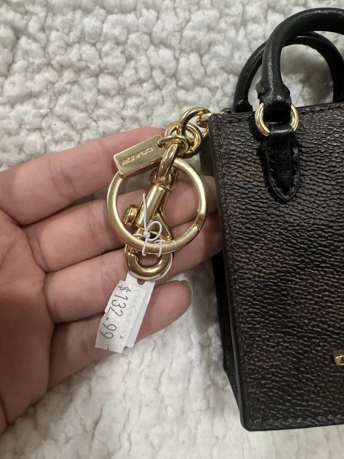 Coach North Mini Tote Bag Charm – Brown Logo Canvas & Leather Keychain Accessory, Authentic New