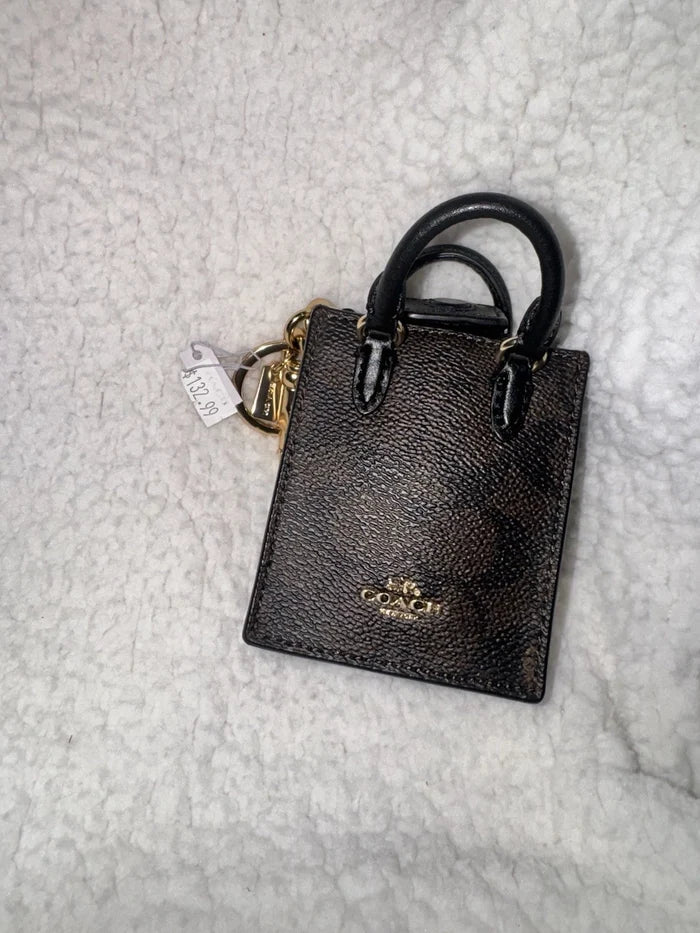Coach North Mini Tote Bag Charm – Brown Logo Canvas & Leather Keychain Accessory, Authentic New