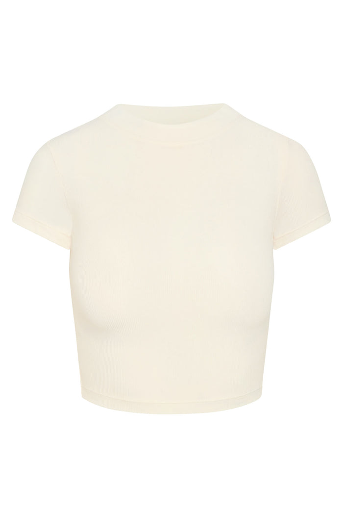 Front view of Ojai Tee Crop in Ivory Lightweight Rib showing crew neck, short sleeves, cropped length and ribbed texture on white background