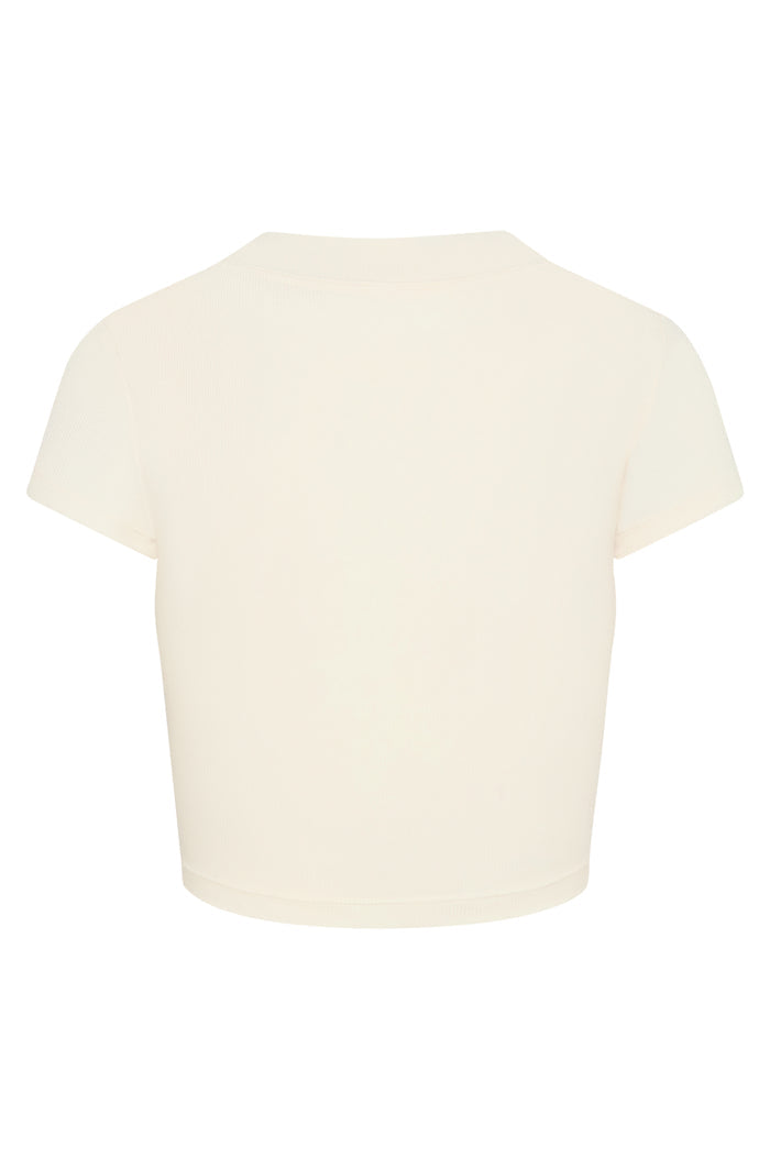 Back view of Ojai Tee Crop in Ivory Lightweight Rib showing cropped fit, short sleeves, crew neck on white background