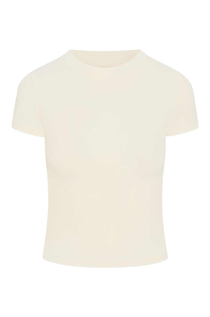 Front view of Ojai Tee Long in ivory lightweight rib showcasing crew neck, short sleeves, and slim fit on white background