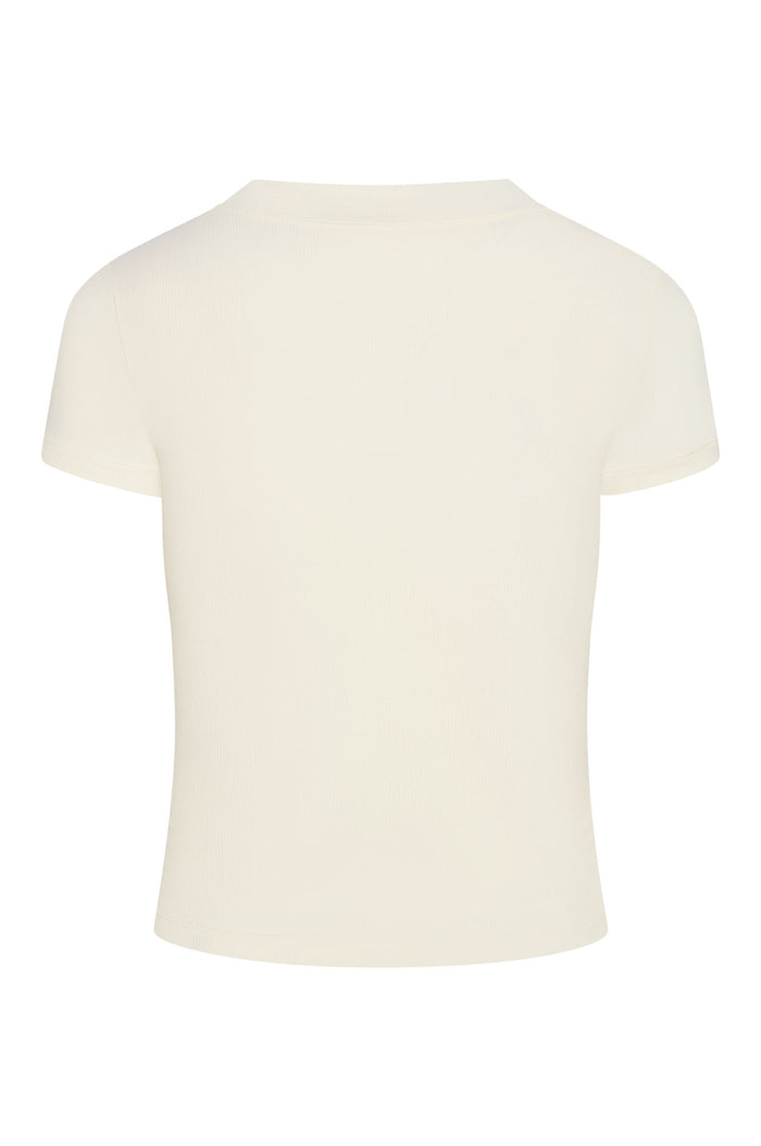 Back view of Ojai Tee Long in Ivory Lightweight Rib showing ribbed fabric, short sleeves, and crew neck on white background