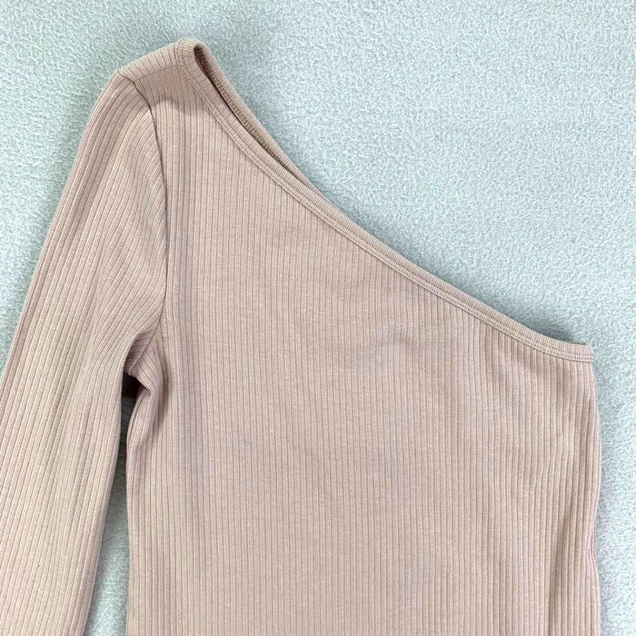 Old Navy Shirt Womens XS Tan One Shoulder Ribbed Stretch Neutral