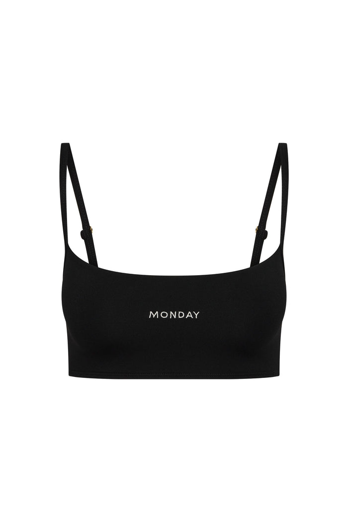 Black cropped bra top with MONDAY embroidered on front, adjustable shoulder straps