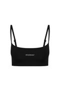 Black cropped bra top with MONDAY embroidered on front, adjustable shoulder straps