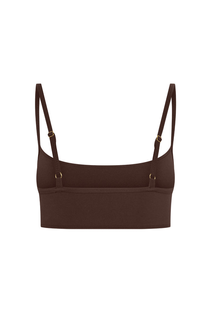 Brown back-view cropped bralette with thin adjustable straps and wide band