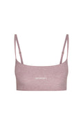Heather-mauve cropped bra with thin adjustable straps and 'MONDAY' printed at center front.