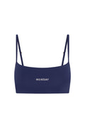 Front view of Olympic Bra in Midnight Jersey with embroidered MONDAY logo and adjustable thin shoulder straps on white background