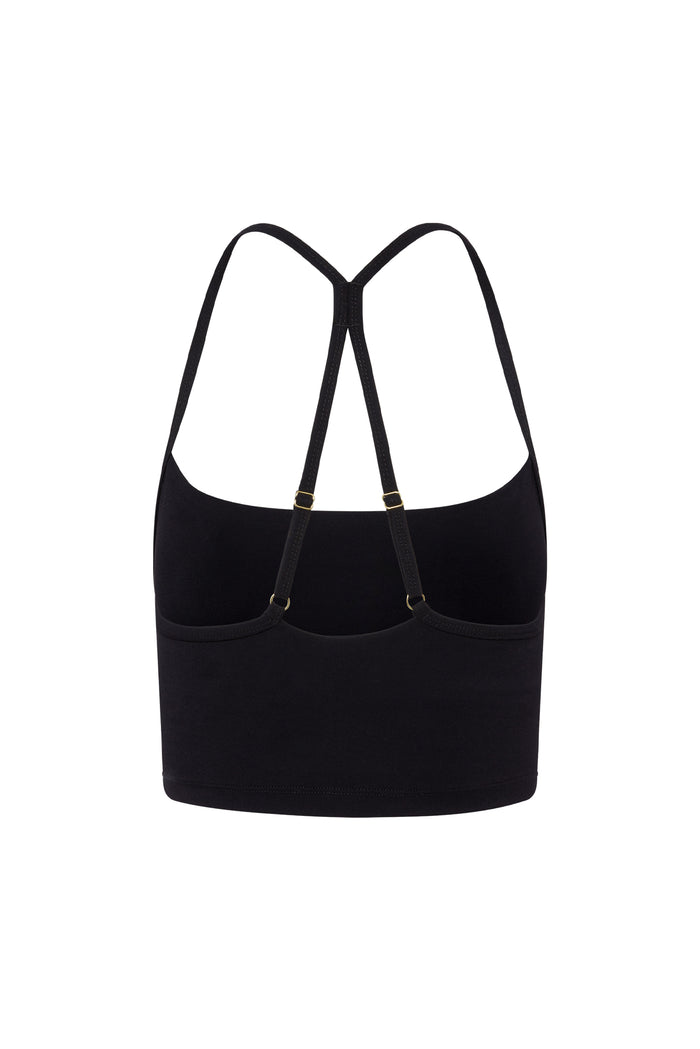 Black longline camisole, back view, racerback straps with adjustable gold-tone sliders