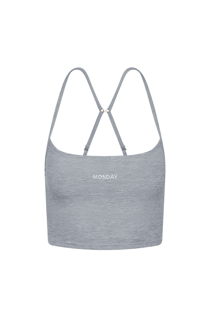 Grey heather cropped cami with crossed adjustable straps, embroidered 'MONDAY' at center front.