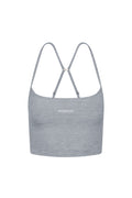 Grey heather cropped cami with crossed adjustable straps, embroidered 'MONDAY' at center front.