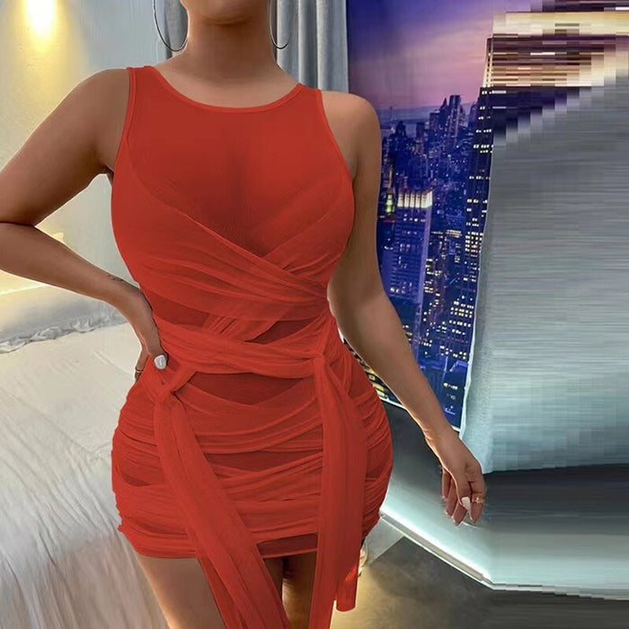Orange See Through Mesh Bodycon Mini Dress Multilayer Club Party